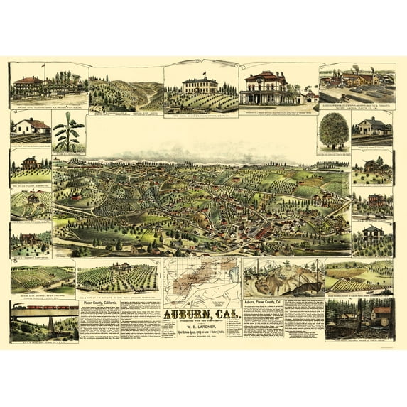 Historic Panoramic View - Auburn California - Lardner 1887 - Vintage Wall Art