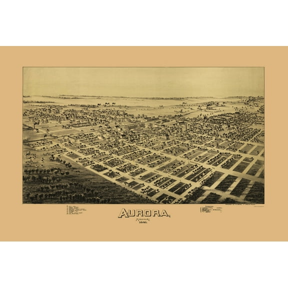 Historic Panoramic View - Aurora Missouri - Fowler 1891 - 23 x 33.80 - Vintage Wall Art