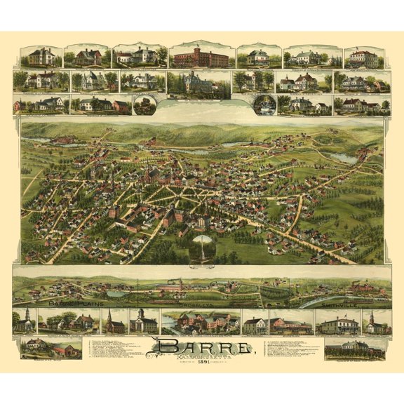 Historic Panoramic View - Barre Massachusetts - Bailey 1891 - Vintage Wall Art