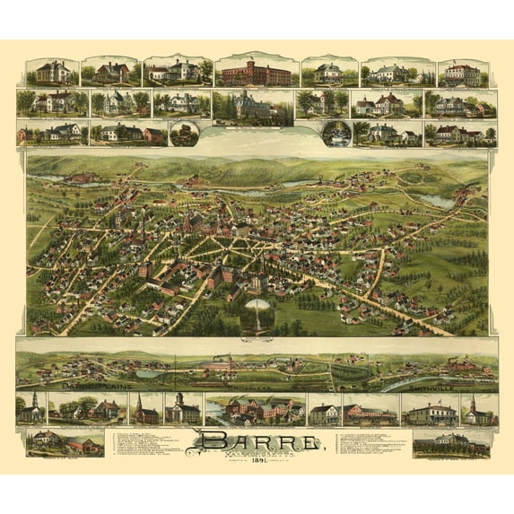 Historic Panoramic View - Barre Massachusetts - Bailey 1891 - Vintage Wall Art