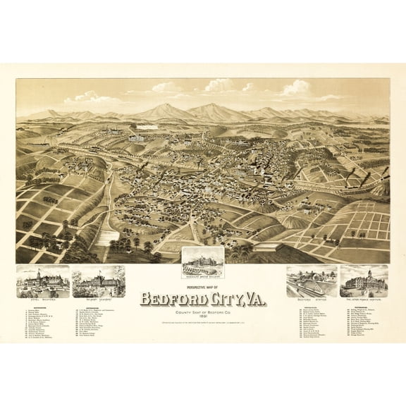 Historic Panoramic View - Bedford Virginia - Perry 1891 - 33.31 x 23 - Vintage Wall Art