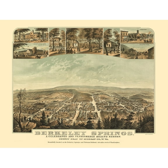 Historic Panoramic View - Berkeley Springs West Virginia - Hoen 1889 - 23 x 30.14 - Vintage Wall Art