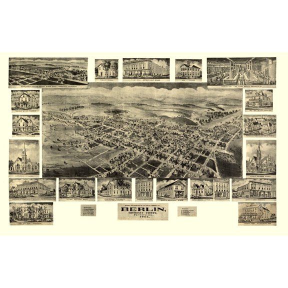 Historic Panoramic View - Berlin Pennsylvania - Fowler 1905 - 36.00 x 23 - Vintage Wall Art