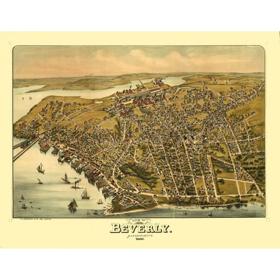 Historic Panoramic View - Beverly Massachusetts - Greenough 1886 - Vintage Wall Art