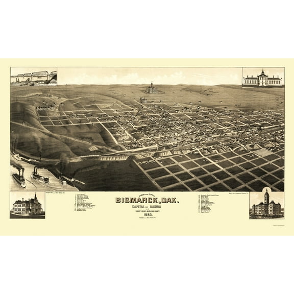 Historic Panoramic View - Bismarck North Dakota - Stoner 1883 - 23 x 38.04 - Vintage Wall Art