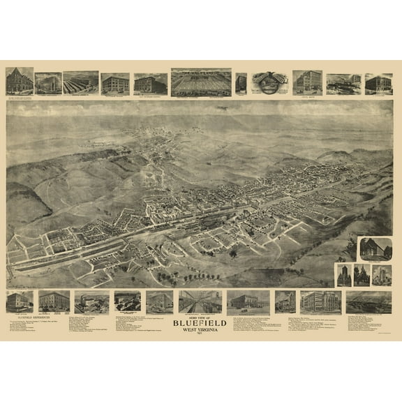Historic Panoramic View - Bluefield West Virginia - Fowler 1911 - 23 x 32.80 - Vintage Wall Art