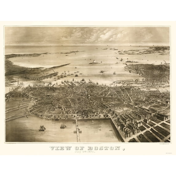 Historic Panoramic View - Boston Massachusetts - Fuchs 1870 - Vintage Wall Art