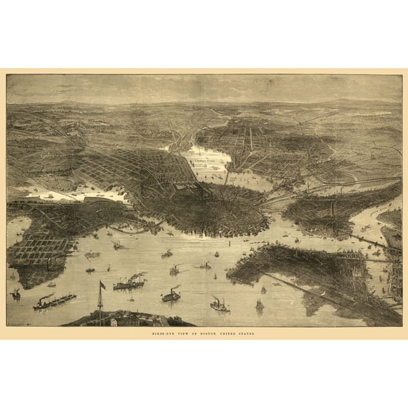 Historic Panoramic View - Boston Massachusetts - Sulman 1870 - Vintage Wall Art