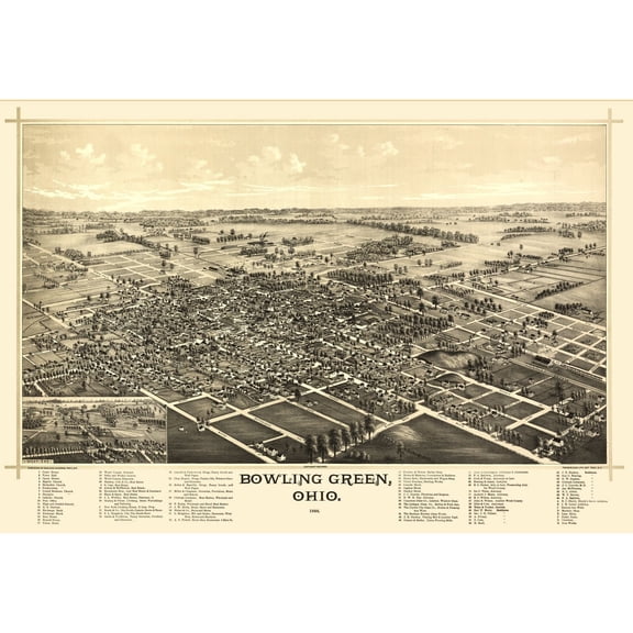 Historic Panoramic View - Bowling Green Ohio - Norris 1888 - 33.58 x 23 - Vintage Wall Art