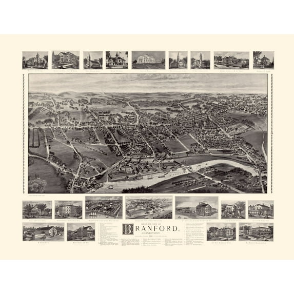 Historic Panoramic View - Branford Connecticut - Bailey 1905 - Vintage Wall Art