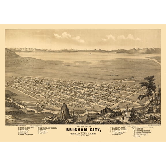 Historic Panoramic View - Brigham Utah - Glover 1875 - 32.44 x 23 - Vintage Wall Art