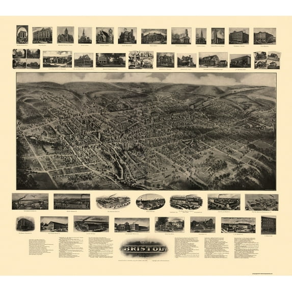 Historic Panoramic View - Bristol Connecticut - Bailey 1907 - 25.88 x 23 - Vintage Wall Art