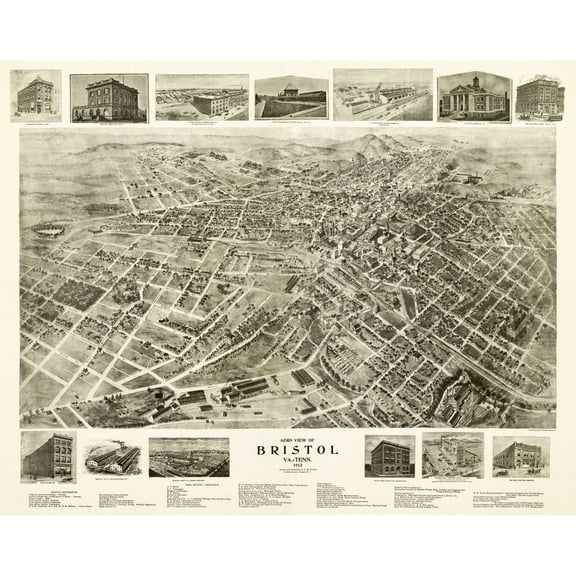 Historic Panoramic View - Bristol Virginia - Fowell 1912 - 29.14 x 23 - Vintage Wall Art