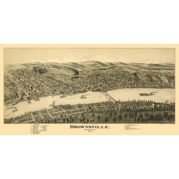 Historic Panoramic View - Brownsville Pennsylvania - Moyer 1902 - Vintage Wall Art