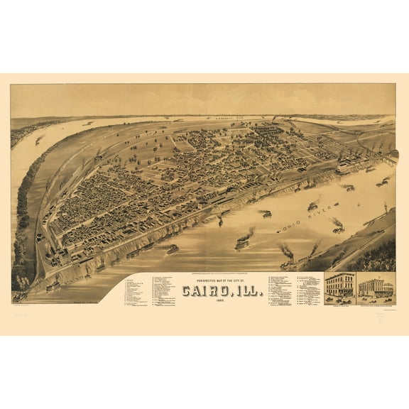 Historic Panoramic View - Cairo Illinois - Wellge 1888 - 23 x 35.80 - Vintage Wall Art