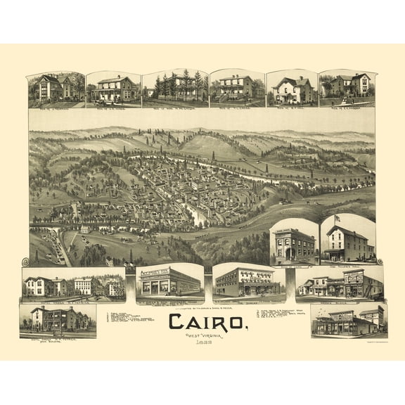 Historic Panoramic View - Cairo West Virginia - Fowler 1899 - 23 x 29.33 - Vintage Wall Art