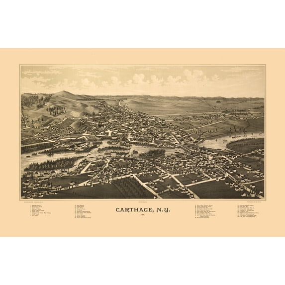 Historic Panoramic View - Carthage New York - Burleigh 1888 - 34.70 x 23 - Vintage Wall Art