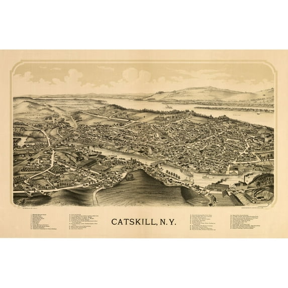 Historic Panoramic View - Catskill New York - Burleigh 1889 - 35.10 x 23 - Vintage Wall Art