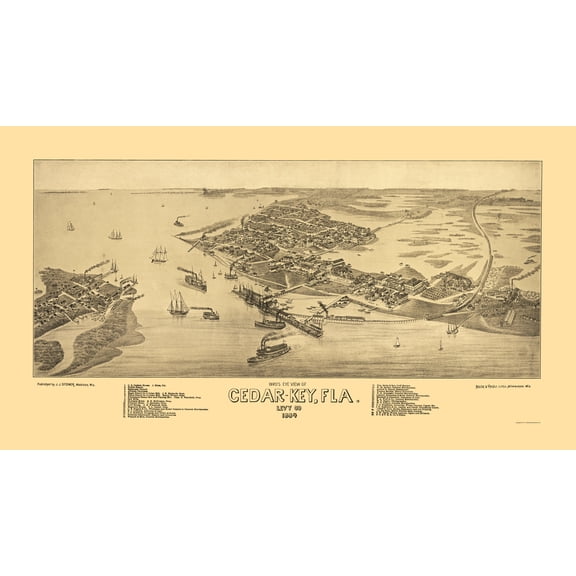 Historic Panoramic View - Cedar Key Florida - Beck 1885 - Vintage Wall Art