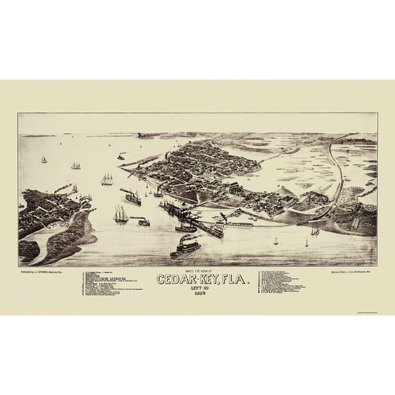 Historic Panoramic View - Cedar Key Florida - Stoner 1884 - 38.44 x 23 - Vintage Wall Art