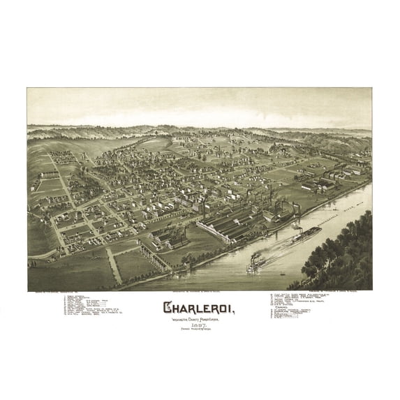 Historic Panoramic View - Charleroi Pennsylvania - Moyer 1897 - 34.48 x 23 - Vintage Wall Art