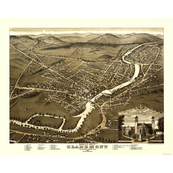 Historic Panoramic View - Claremont New Hampshire - Shober 1877 - Vintage Wall Art
