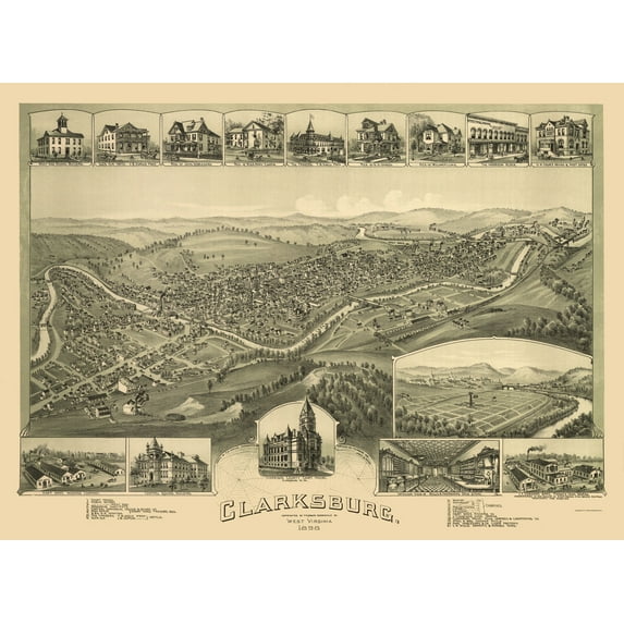 Historic Panoramic View - Clarksburg West Virginia - Fowler 1898 - Vintage Wall Art