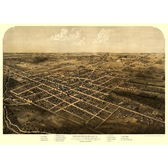 Historic Panoramic View - Coldwater Michigan - Ruger 1868 - Vintage Wall Art