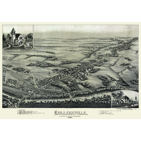 Historic Panoramic View - Collegeville Pennsylvania - Moyer 1894 - Vintage Wall Art