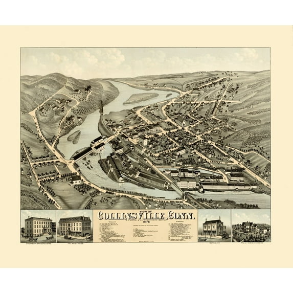 Historic Panoramic View - Collinsville Connecticut - Bailey 1878 - Vintage Wall Art