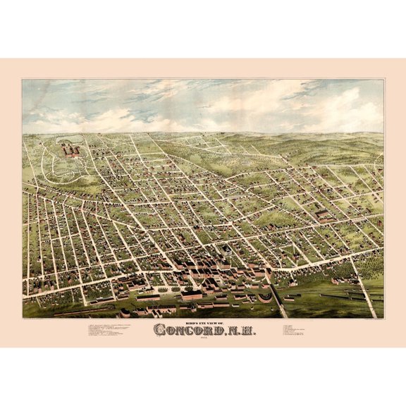 Historic Panoramic View - Concord New Hampshire - 1875 - 32.25 x 23 - Vintage Wall Art