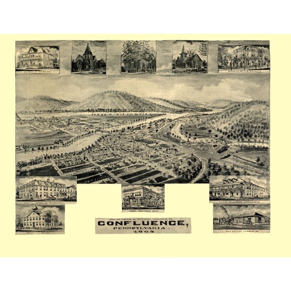 Historic Panoramic View - Confluence Pennsylvania - 1905 - 29.92 x 23 - Vintage Wall Art