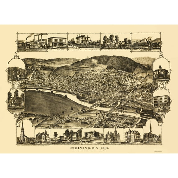 Historic Panoramic View - Corning New York - Corbin 1882 - Vintage Wall Art