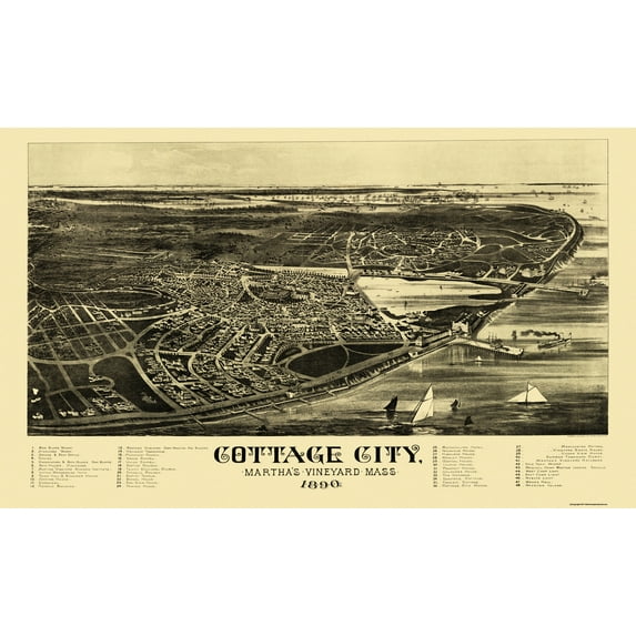 Historic Panoramic View - Cottage City Marthas Vinyard Massachusetts - Welcke 1890 - Vintage Wall Art