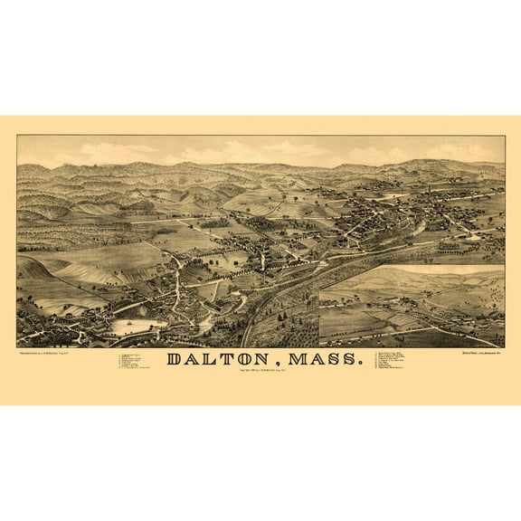 Historic Panoramic View - Dalton Massachusetts - Burleigh 1884 - 41.28 x 23 - Vintage Wall Art