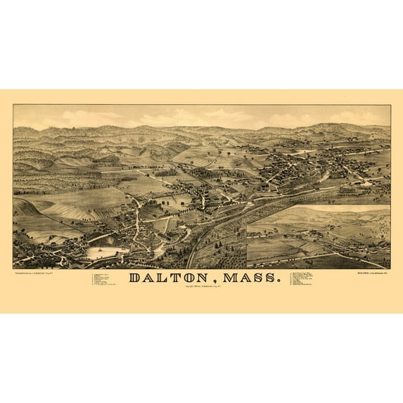 Historic Panoramic View - Dalton Massachusetts - Burleigh 1884 - Vintage Wall Art