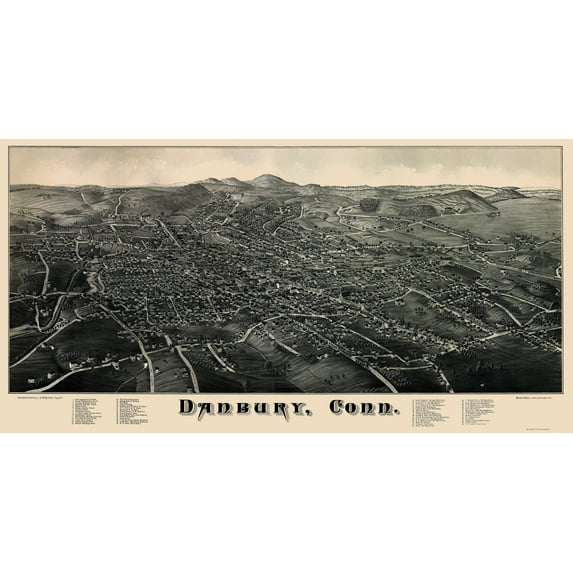 Historic Panoramic View - Danbury Connecticut - Burleigh 1884 - Vintage Wall Art