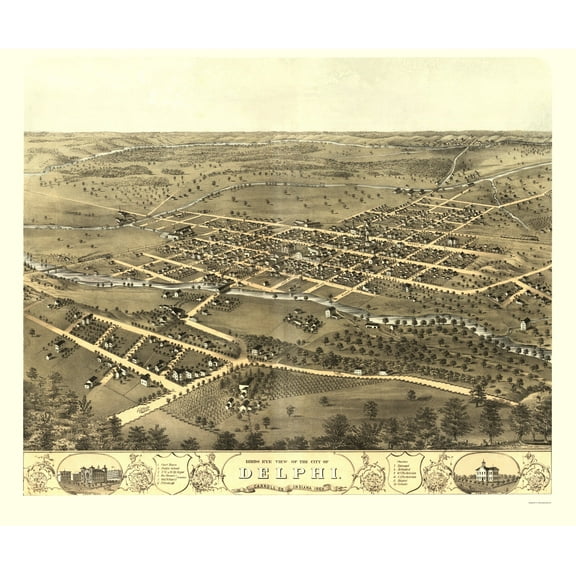 Historic Panoramic View - Delphi Indiana - Ruger 1869 - 23 x 27.73 - Vintage Wall Art