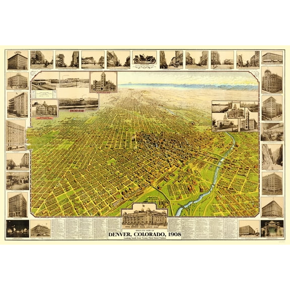 Historic Panoramic View - Denver Colorado - 1908 - 23 x 33.46 - Vintage Wall Art