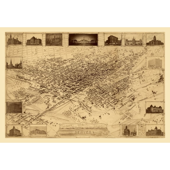 Historic Panoramic View - Denver Colorado - Flett 1881 - Vintage Wall Art