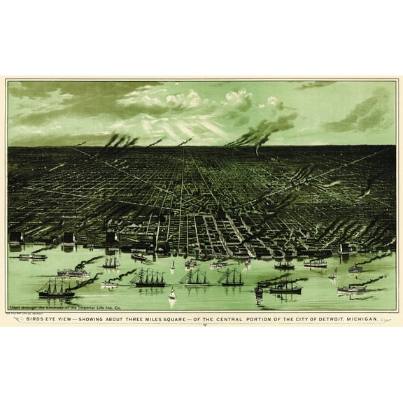 Historic Panoramic View - Detroit Central Michigan - Calvert 1898 - 23 x 36.86 - Vintage Wall Art