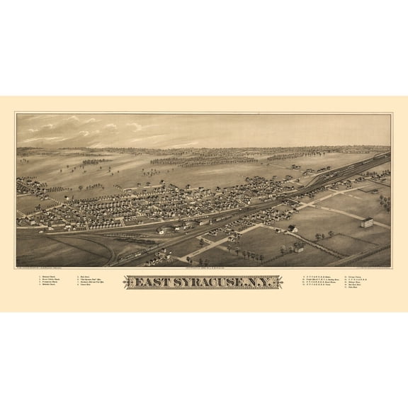 Historic Panoramic View - East Syracuse New York - Burleigh 1885 - 43.34 x 23 - Vintage Wall Art