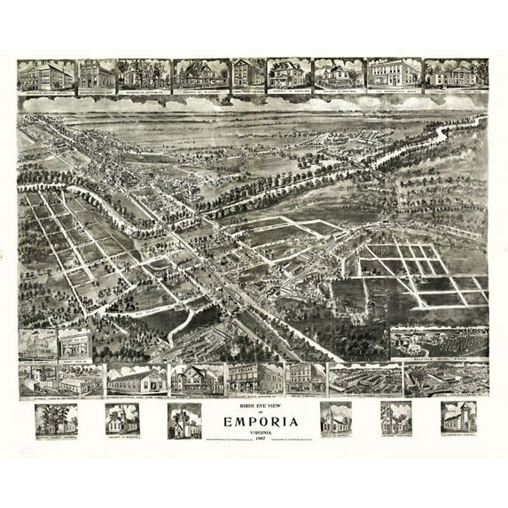 Historic Panoramic View - Emporia Virginia - Fowler 1907 - 28.57 x 23 - Vintage Wall Art