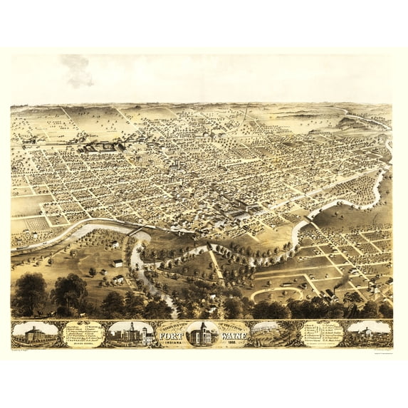 Historic Panoramic View - Fort Wayne Indiana - Ruger 1868 - 23 x 29.92 - Vintage Wall Art