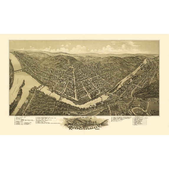 Historic Panoramic View - Franklin Pennsylvania - Fowler 1901 - Vintage Wall Art
