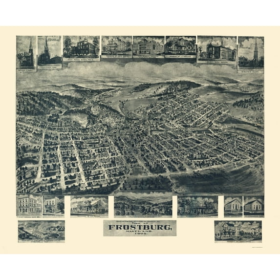 Historic Panoramic View - Frostburg Maryland - Fowler 1905 - Vintage Wall Art