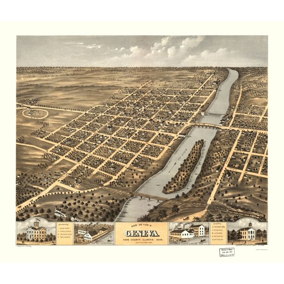 Historic Panoramic View - Geneva Illinois - Ruger 1869 - Vintage Wall Art