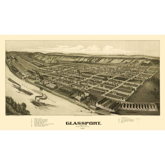 Historic Panoramic View - Glassport Pennsylvania - Fowler 1902 - Vintage Wall Art