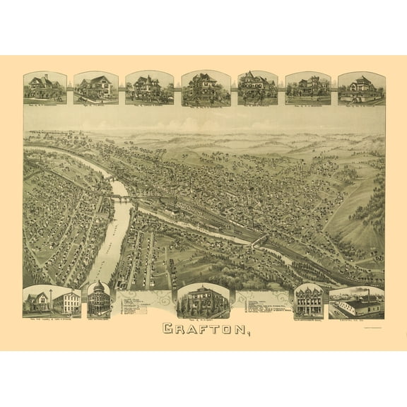 Historic Panoramic View - Grafton West Virginia - Fowler 1898 - 23 x 31.58 - Vintage Wall Art