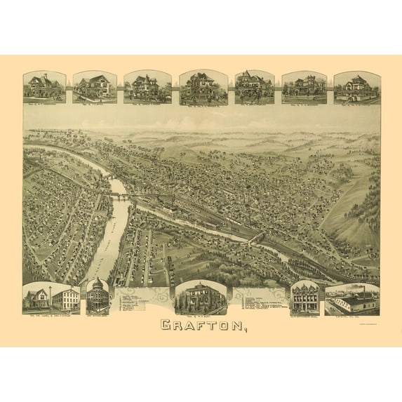 Historic Panoramic View - Grafton West Virginia - Fowler 1898 - Vintage Wall Art